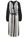 TORY BURCH BLACK AND WHITE EMBROIDERED CAFTAN WITH TIE AND TASSELS IN LINEN WOMAN TORY BURCH