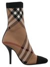 Burberry Leather-trimmed Checked Knitted Ankle Boots In Brown