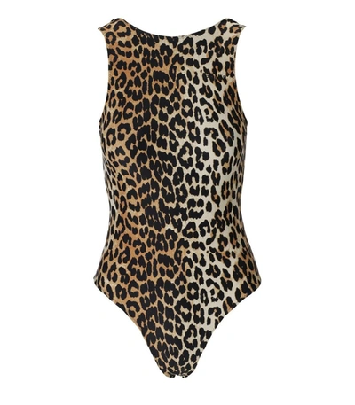 Ganni Leopard-print Recycled-polyamide-blend Swimsuit In Brown