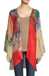 Saachi Mystical Garden Floral Print Bell Sleeve Ruana In Red Multi