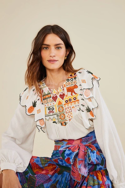 Farm Rio White Embroidered Fall Leaf Blouse In Off-white