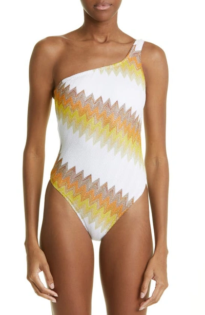 Missoni 锯齿图案针织单肩连体泳衣 In Multicolor
