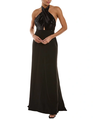 Halston Lacey Cutout Sequin Halter Gown In Black