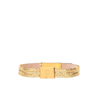 Tom Ford Logo Buckle Leather Belt In Gold