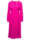 Michael Michael Kors Midi Fuchsia Pleated Dress With V Neck And Blouson Sleeves In Recycled Polyester Blend Woman In Fuxia