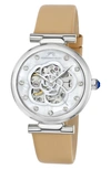 Porsamo Bleu Laura White Topaz Automatic Leather Strap Watch, 36mm In Beige Silver