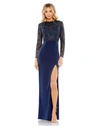 MAC DUGGAL EMBELLISHED HIGH NECK BODICE FAUX WRAP GOWN
