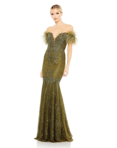 Mac Duggal Feathered Crystal Embellished Sleeveless Gown In Olive