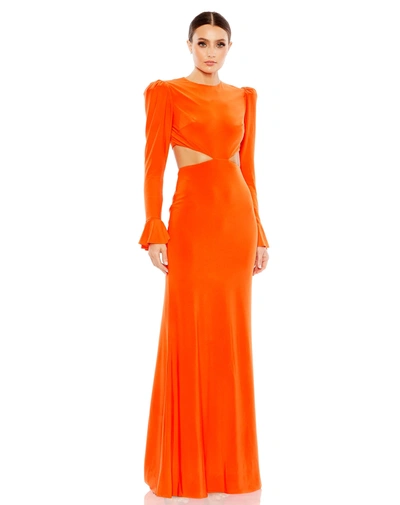 Ieena For Mac Duggal Long Sleeve Puff Shoulder Cut Out Gown In Orange
