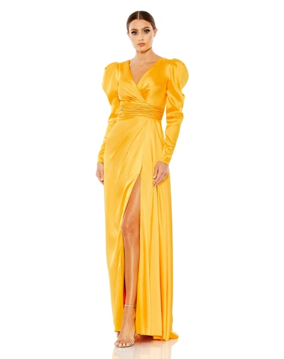 Mac Duggal Faux Wrap Long Sleeve A Line Gown In Marigold