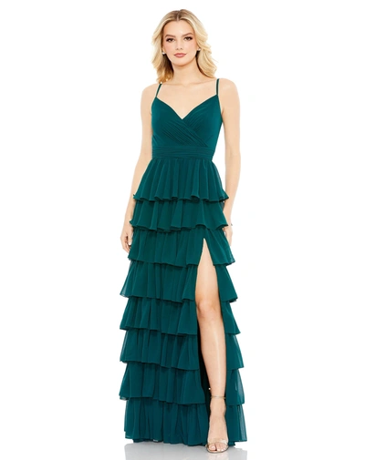 Ieena For Mac Duggal Sleeveless Gown With Ruffled Skirt In Deep Green