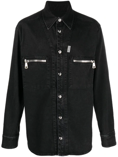Balmain Zipped Pockets Denim Overshirt In Black