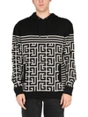 Balmain Black Hoodie With Monogram And Stripes In Wool And Linen Man In Black