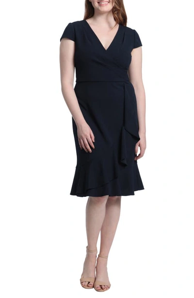 London Times Ruffled Draped Skirt Sheath Dress In Twilight Navy In Blue