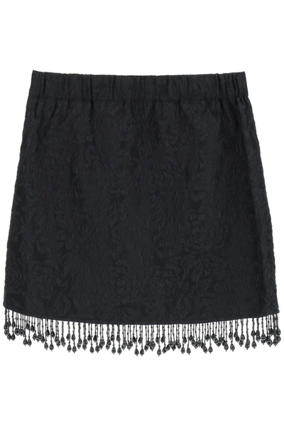 Ganni Jacquard Mini Skirt With Bead Fringes In Black