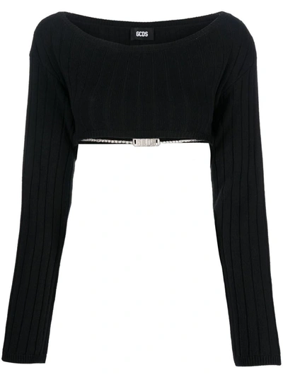 Gcds Logo-chain Cropped Knitted Top In Black