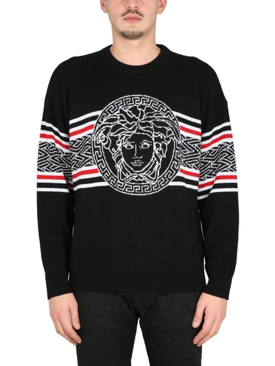 Versace Jacquard Jersey With Medusa Stripes In Nero