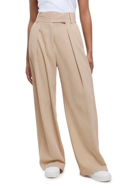 River Island Pleated Detail Wide Leg Pants In Beige - Part Of A Set-neutral