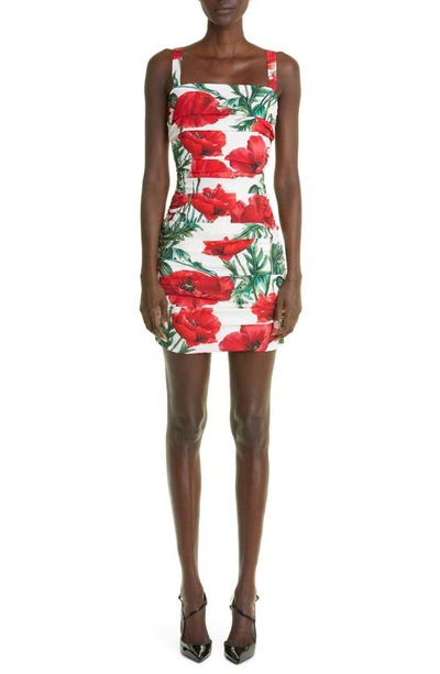 Dolce & Gabbana Poppy-print Ruched Dress In Bianco