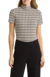 Anne Klein Geo Print Short Sleeve Mock Neck Top In Brown
