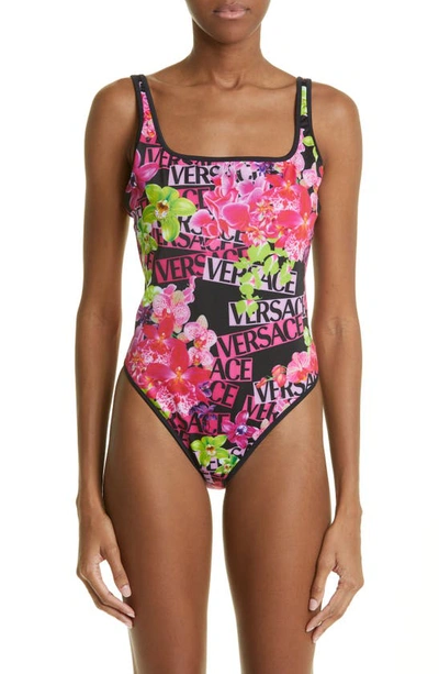 Versace Orchid Print Reversible One-piece Swimsuit In Black