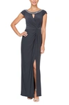 ALEX EVENINGS BEADED KEYHOLE NECK JERSEY GOWN