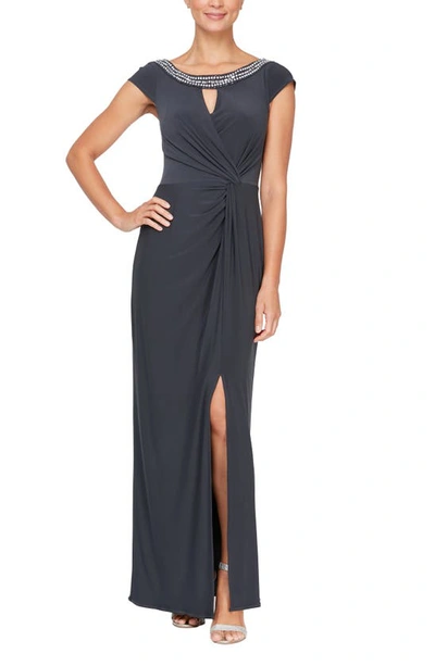 Alex Evenings Beaded Keyhole Neck Jersey Gown In Charcoal