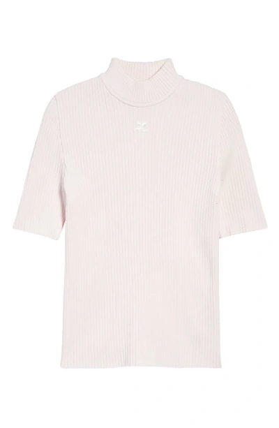 Courrèges Embroidered Logo Mock Neck Rib Jumper In Pale Pink