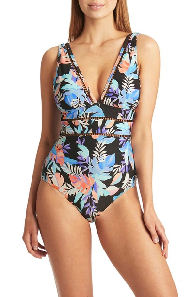 Sea Level Floral Print Spliced One-piece Swimsuit In Black
