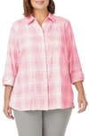 Foxcroft Faith Beach Plaid Button-up Tunic Shirt In Pink Champagne