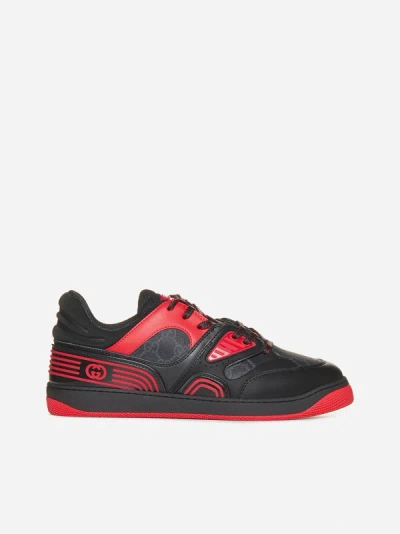 Gucci Basket Rubber-trimmed Monogrammed Canvas And Neoprene Trainers In Black,red