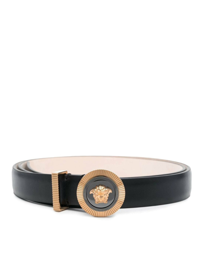 Versace Medusa Buckle Leather Belt In Black