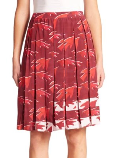 Elle Sasson Celia Sparrow-print Silk Pleated Skirt In Burgundy