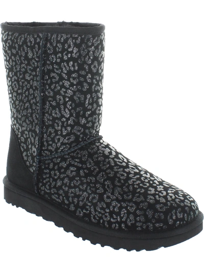 Ugg Classic Short Womens Suede Snow Leopard Winter Boots In Black