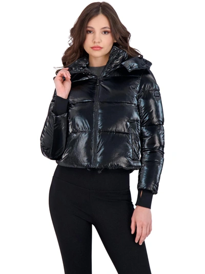Bcbgmaxazria Cropped Liquid Puffer Womens Metallic Cropped Puffer Coat In Black