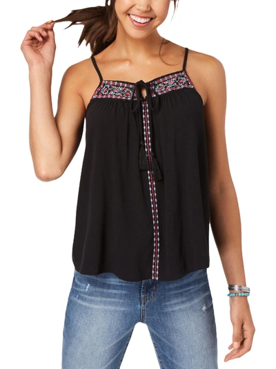 Crave Fame Juniors Womens Embroidered Tie-front Tank Top In Black