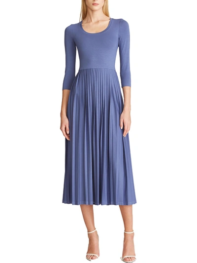 Halston Amy Womens Pleated Long Sleeves T-shirt Dress In Blue