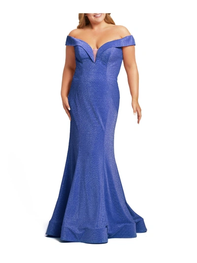 Mac Duggal Plus Womens Metallic Trumpet Evening Dress In Blue