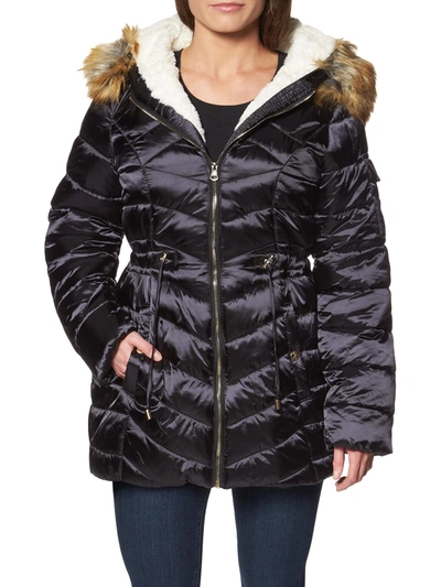 Jessica Simpson Womens Faux Fur Water Resistant Puffer Coat In Black