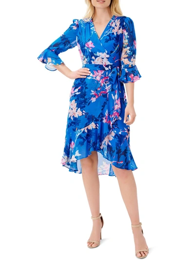 Adrianna Papell Womens Floral Print Surplice Neckline Wrap Dress In Blue