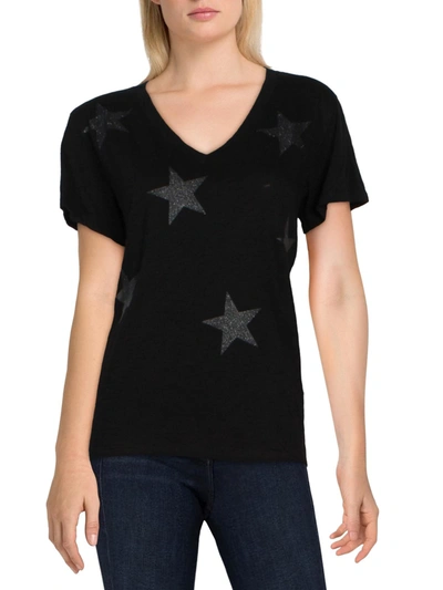 Chrldr Glitter Stars Womens Star V-neck Graphic T-shirt In Black