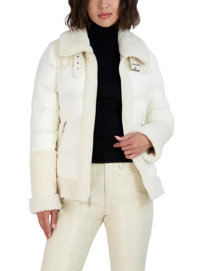 Tahari Selena Womens Faux Shearling Puffer Quilted Coat In Leche