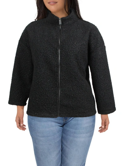 Anne Klein Womens Sherpa Jacket Faux Fur Coat In Black