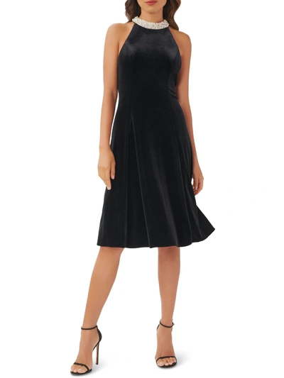 Adrianna Papell Womens Velvet Mid Calf Fit & Flare Dress In Black