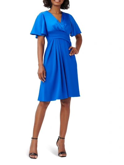 Adrianna Papell Womens Pleated V Neck Fit & Flare Dress In Blue