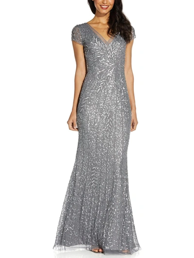 Adrianna Papell Womens Beaded Mermaid Evening Dress In Silver