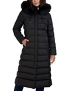 Tahari Womens Maxi Shine Bibbed Faux-fur-trimmed Hooded Puffer Coat In Black