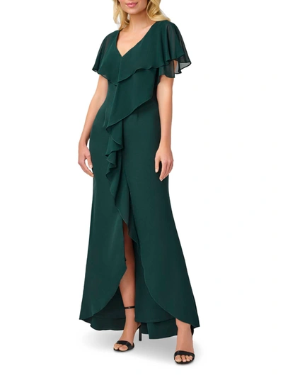 Adrianna Papell Womens Ruffled V-neck Evening Dress In Green