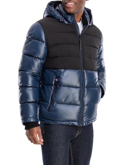 London Fog Tower Mens Puffer Colorblock Quilted Coat In Blue