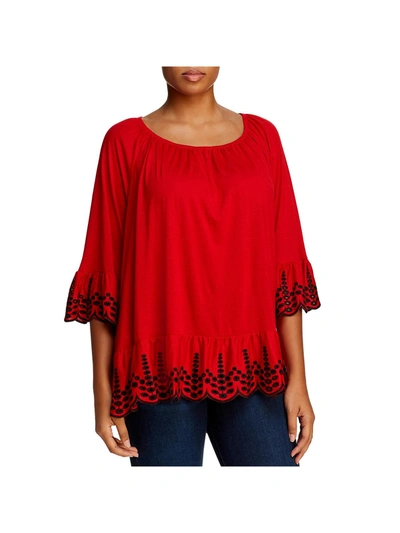Single Thread Womens Eyelet Trim Off-the Shoulders Peasant Top In Red